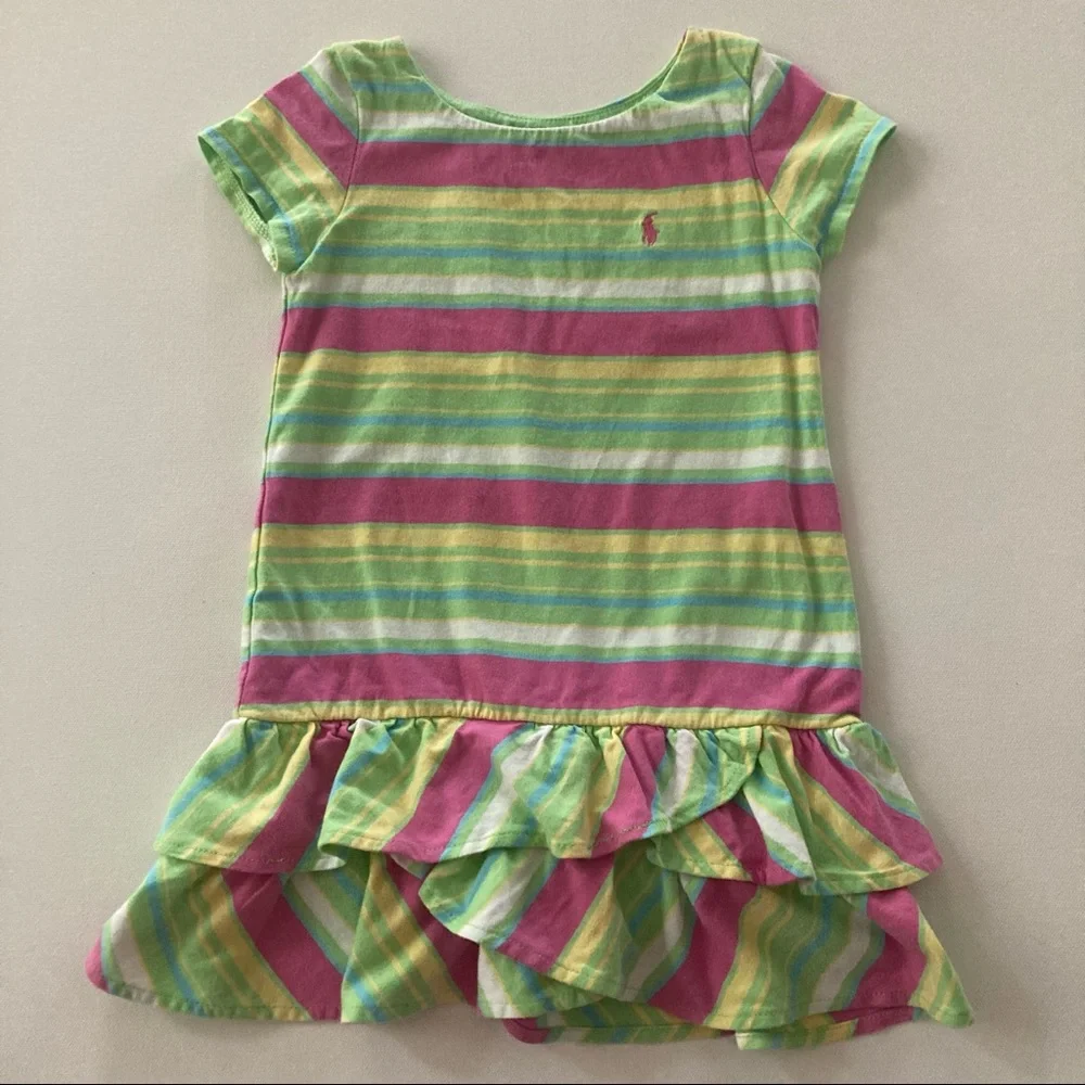 Ralph Lauren Toddler Girl 3T Pink Stripe Ruffle Dress Spring Summer